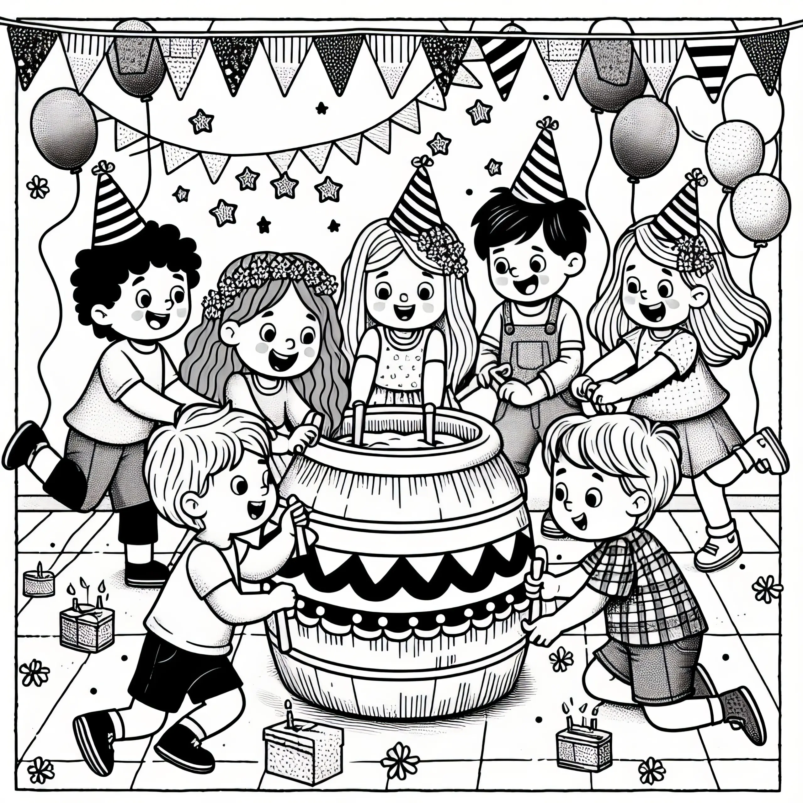 Gruppe von Kindern bei einer Geburtstagsparty: Kostenloses Ausmalbild