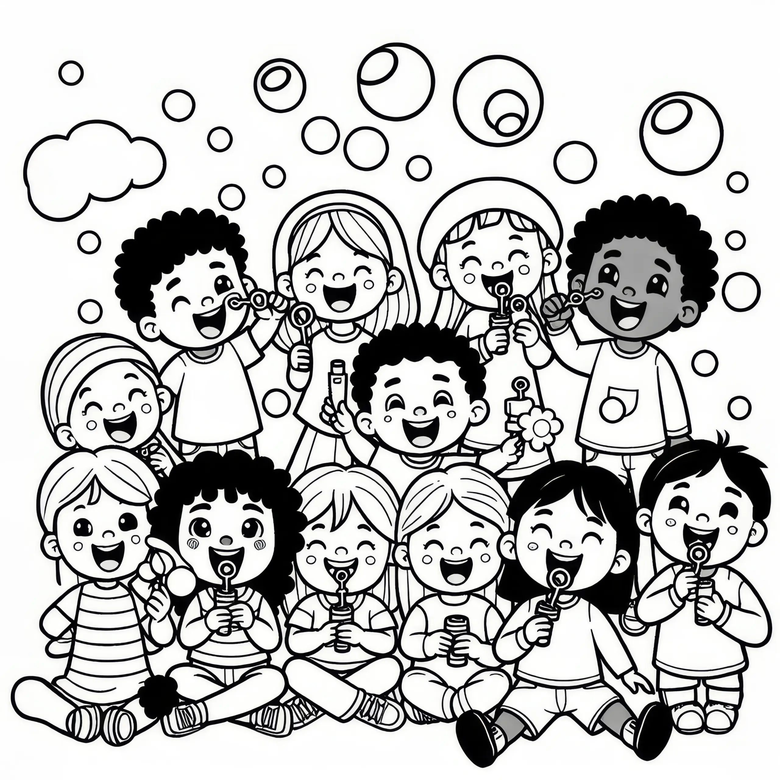 Gruppe von Kindern pustet Seifenblasen in die Luft am Kindertag (Kostenlos) (Ausmalbild)