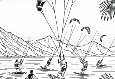 Gruppe von Kiteboardern übt Tricks – Malvorlage kostenlos
