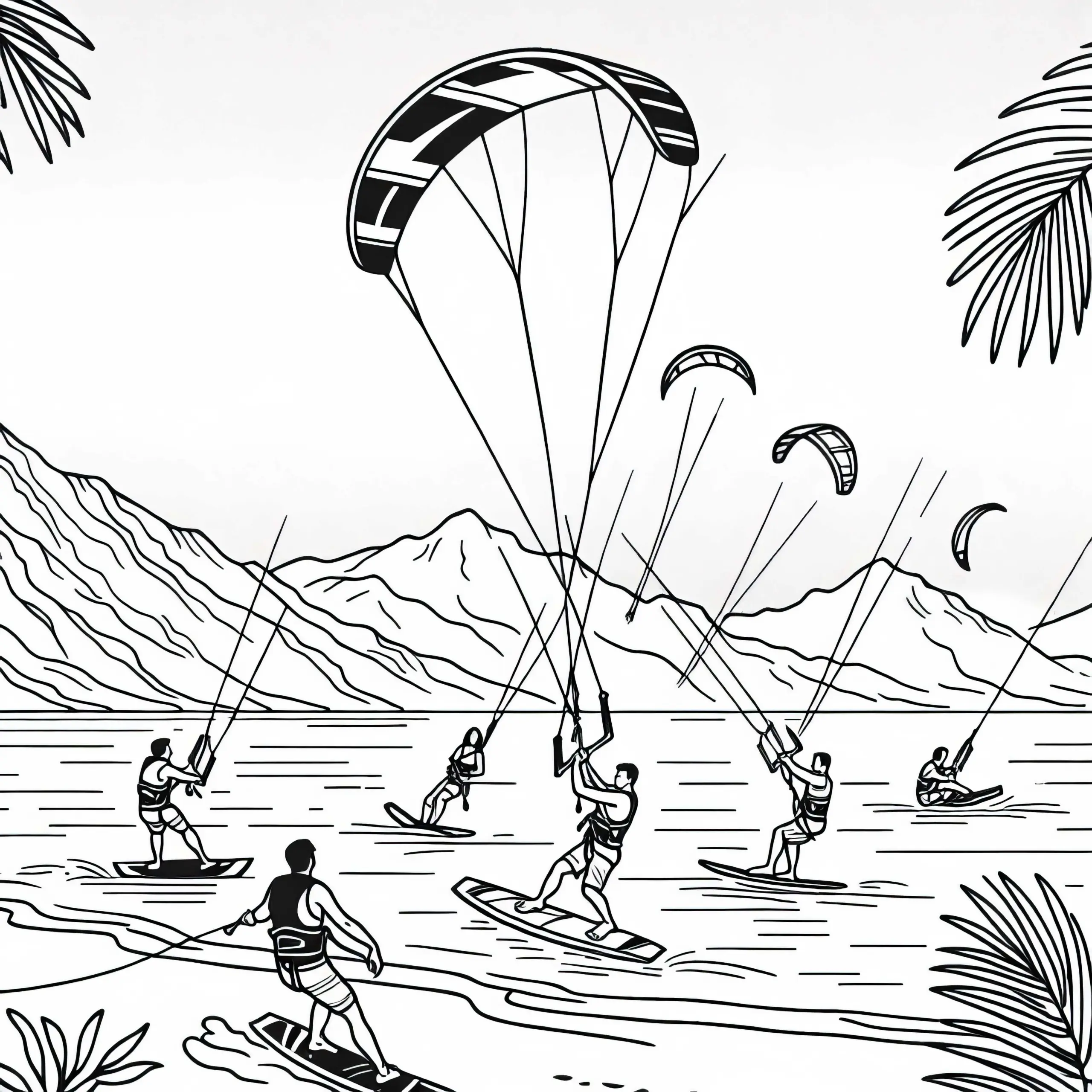 Gruppe von Kiteboardern übt Tricks – Malvorlage kostenlos (Ausmalbild)