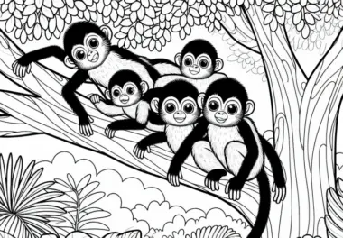 Gruppe Klammeraffen sitzt auf Baum und ruht sich aus – Ausmalvorlage kostenlos