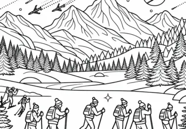 Gruppe Langläufer genießt Tour durch Berge – Malvorlage Kostenlos