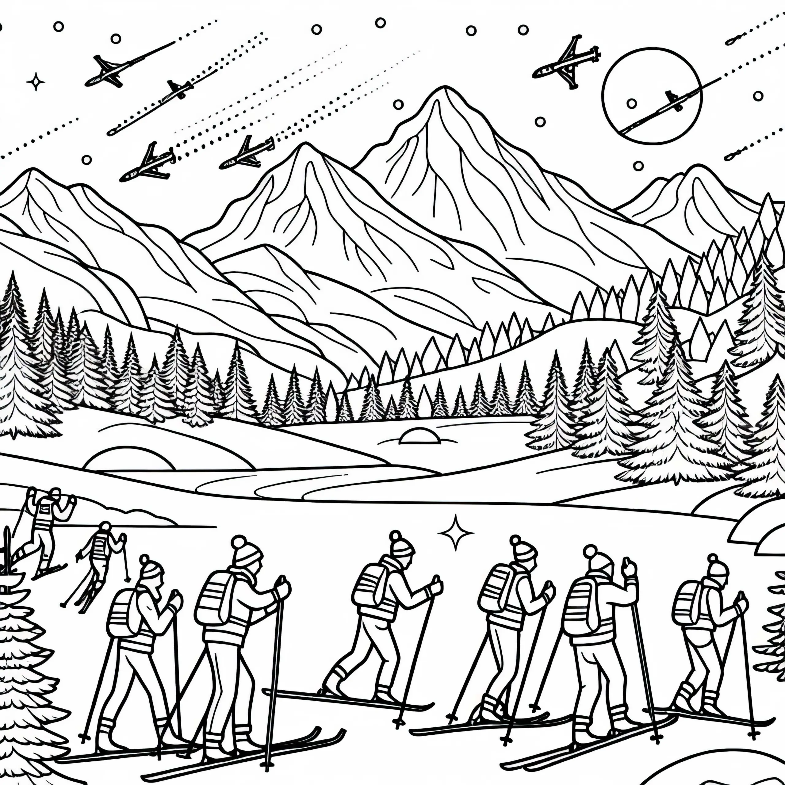 Gruppe Langläufer genießt Tour durch Berge – Malvorlage Kostenlos (Ausmalbild)