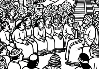 Gruppe lauscht Mann, der eine Geschichte von Quetzalcoatl erzählt – Ausmalbild Azteken gratis