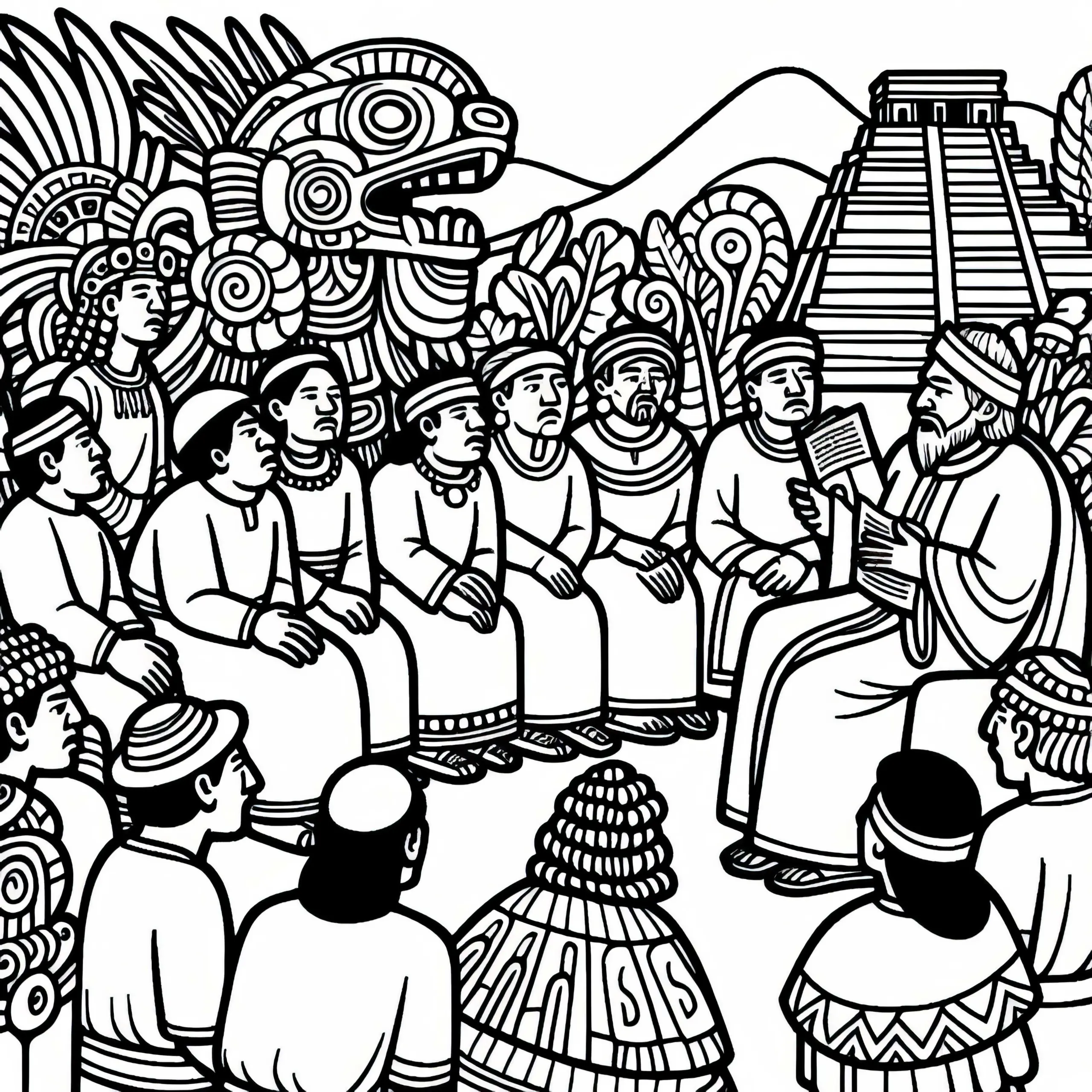 Gruppe lauscht Mann, der eine Geschichte von Quetzalcoatl erzählt – Ausmalbild Azteken gratis