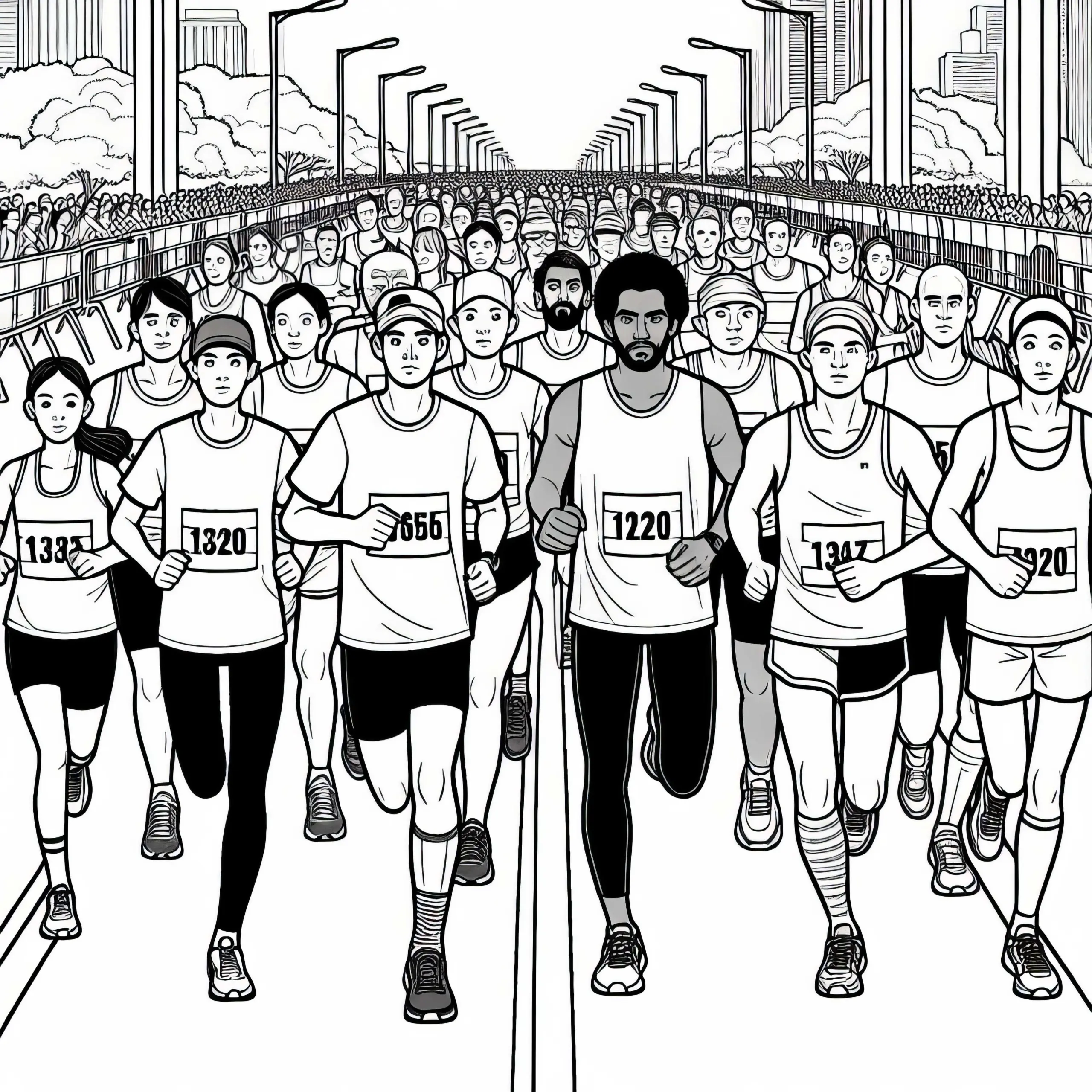 Gruppe von Marathonläufern startet – Ausmalbild kostenlos