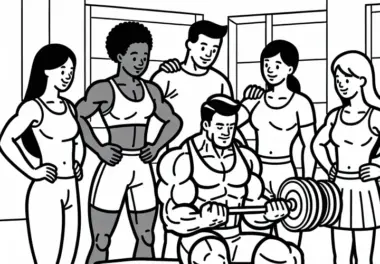 Gruppe motiviert sich gegenseitig beim Bodybuilding – Ausmalbild gratis