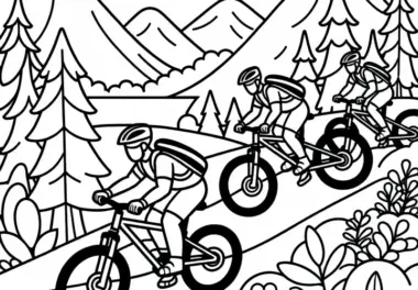 Gruppe von Mountainbikern fährt gemeinsam über Waldweg – Malvorlage kostenlos