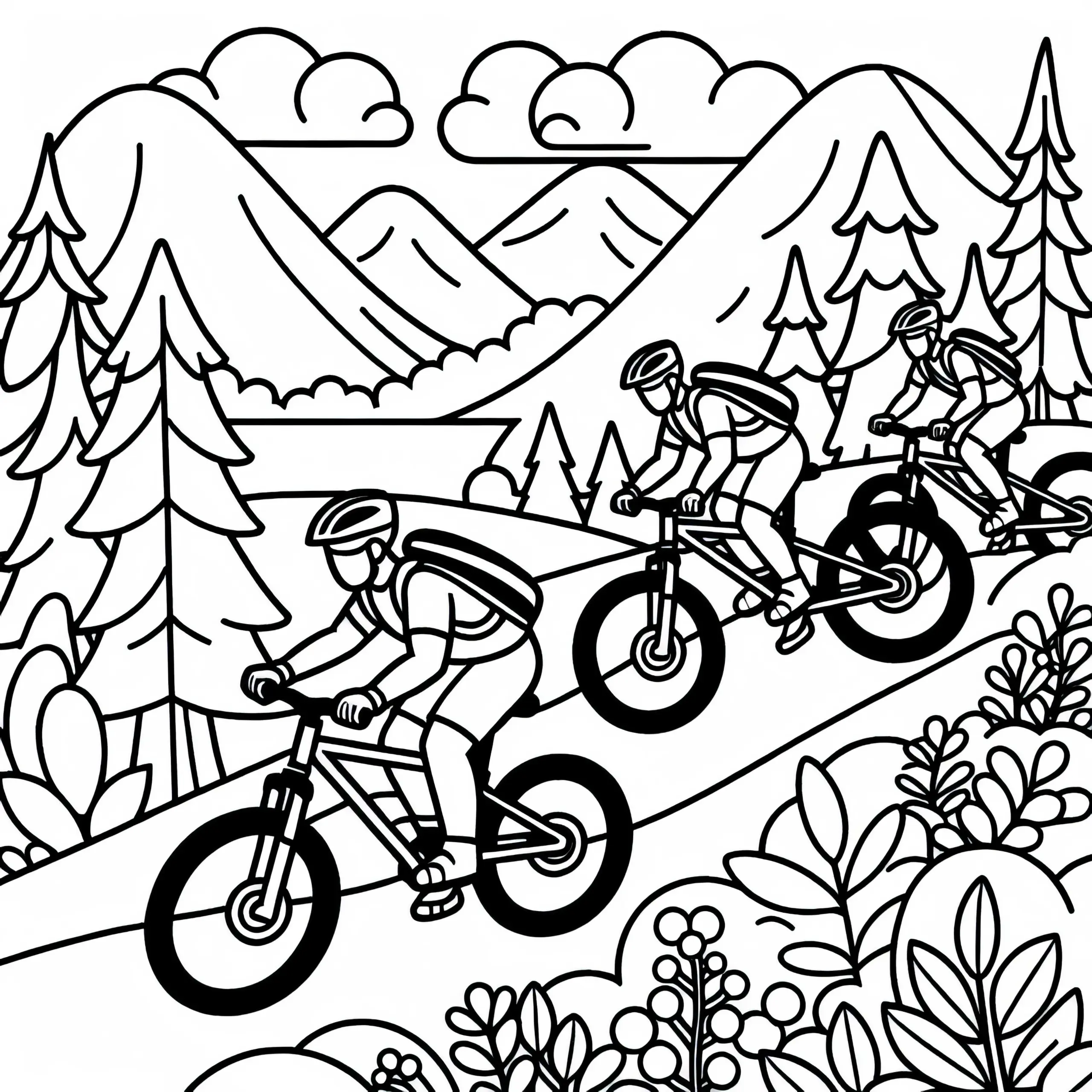 Gruppe von Mountainbikern fährt gemeinsam über Waldweg – Malvorlage kostenlos (Ausmalbild)