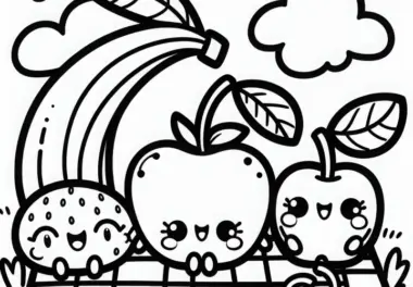 Gruppe Obstfreunde machen Picknick mit Banane, Apfel und Kirsche – Malvorlage Kawaii gratis