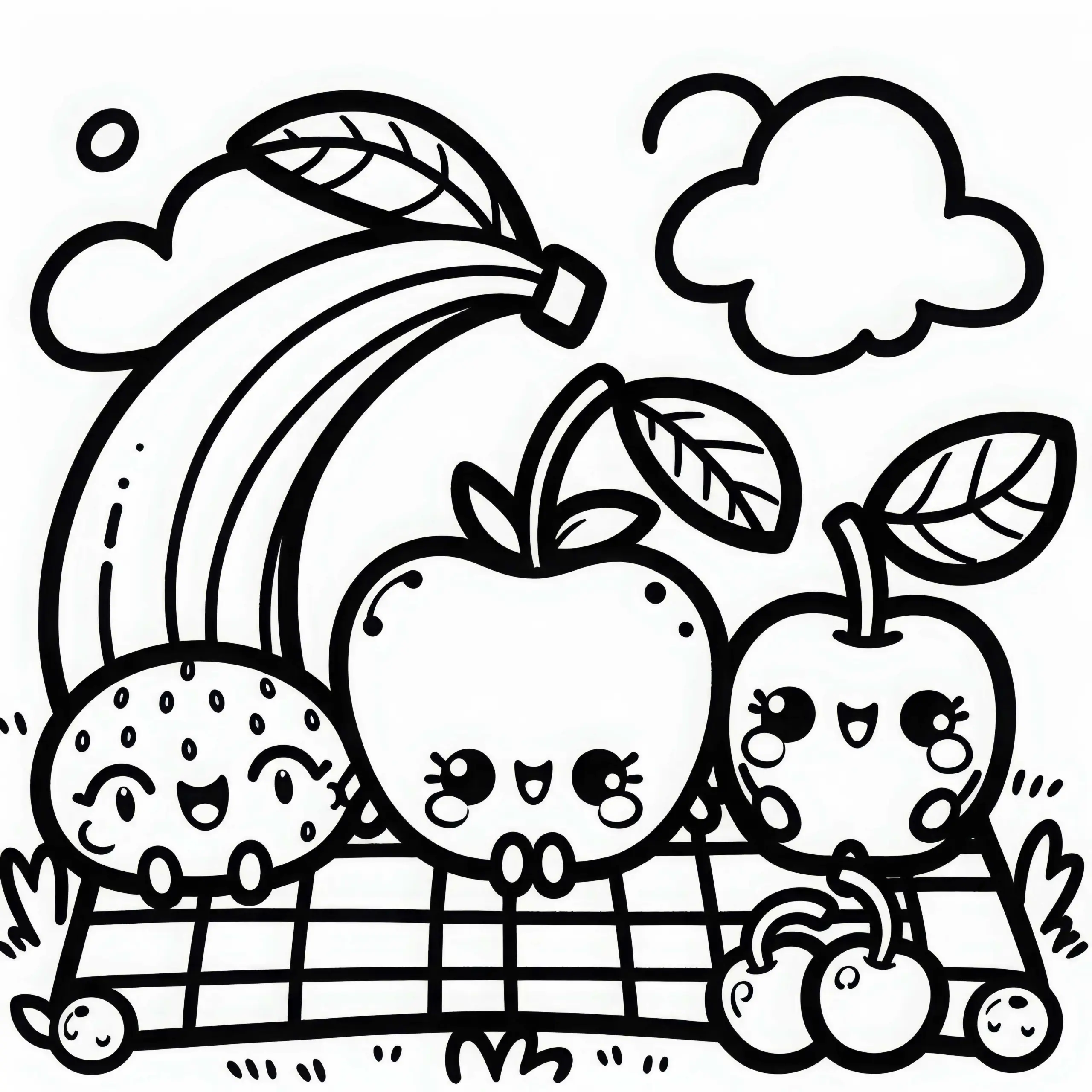 Gruppe Obstfreunde machen Picknick mit Banane, Apfel und Kirsche – Malvorlage Kawaii gratis (Ausmalbild)