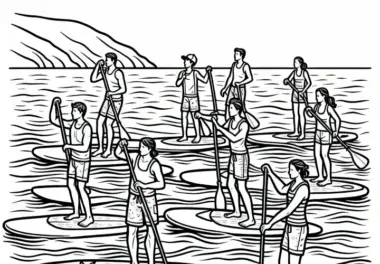 Gruppe von Paddleboardern fährt gemeinsam entlang einer Küste – Malvorlage gratis