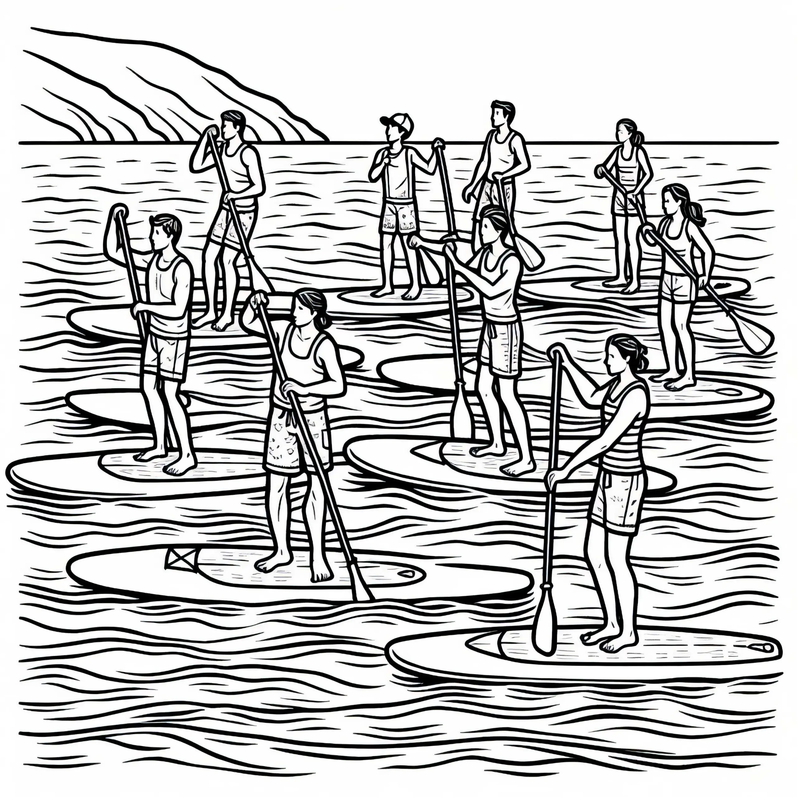 Gruppe von Paddleboardern fährt gemeinsam entlang einer Küste – Malvorlage gratis (Ausmalbild)