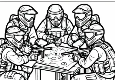 Gruppe Paintball-Spieler plant Strategie vor dem Match – Malvorlage gratis