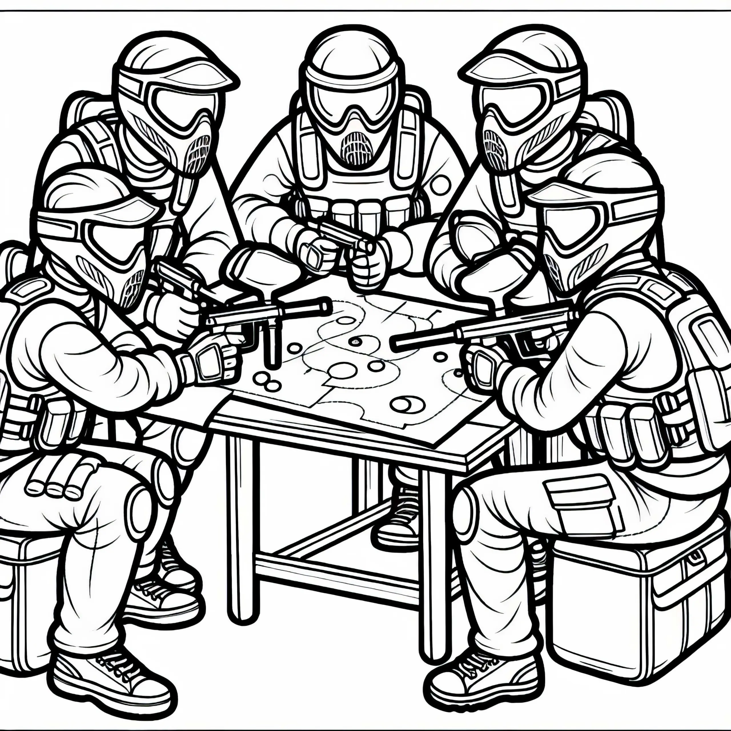 Gruppe Paintball-Spieler plant Strategie vor dem Match – Malvorlage gratis (Ausmalbild)