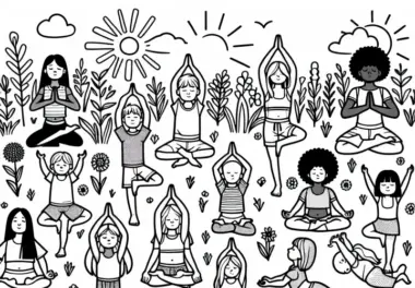 Gruppe praktiziert Yoga auf Wiese – Ausmalbild kostenlos