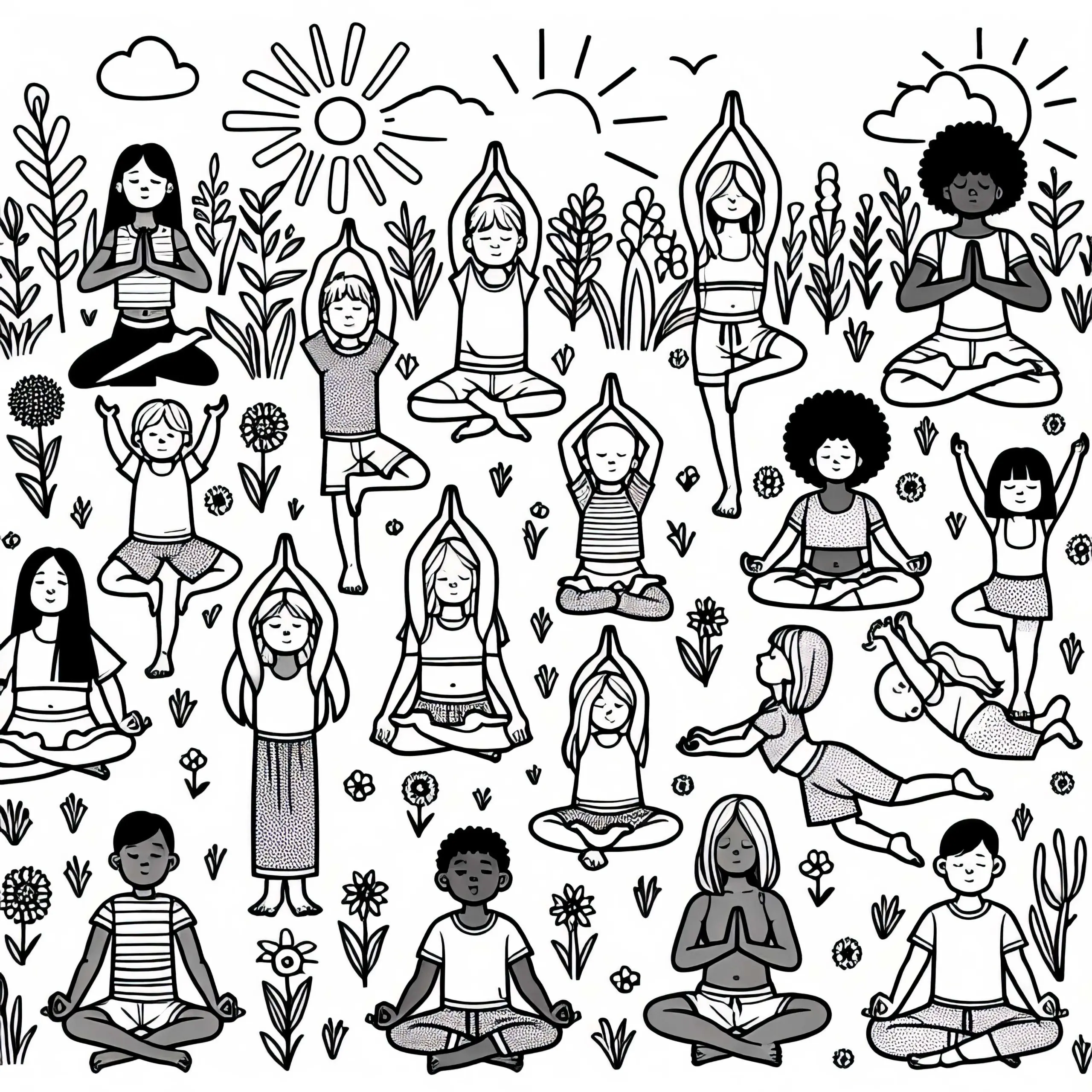 Gruppe praktiziert Yoga auf Wiese – Ausmalbild kostenlos