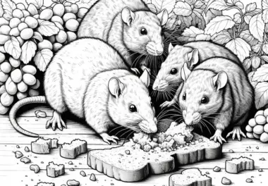 Gruppe von Ratten frisst Brot – Ausmalbild in detailreicher Ausführung