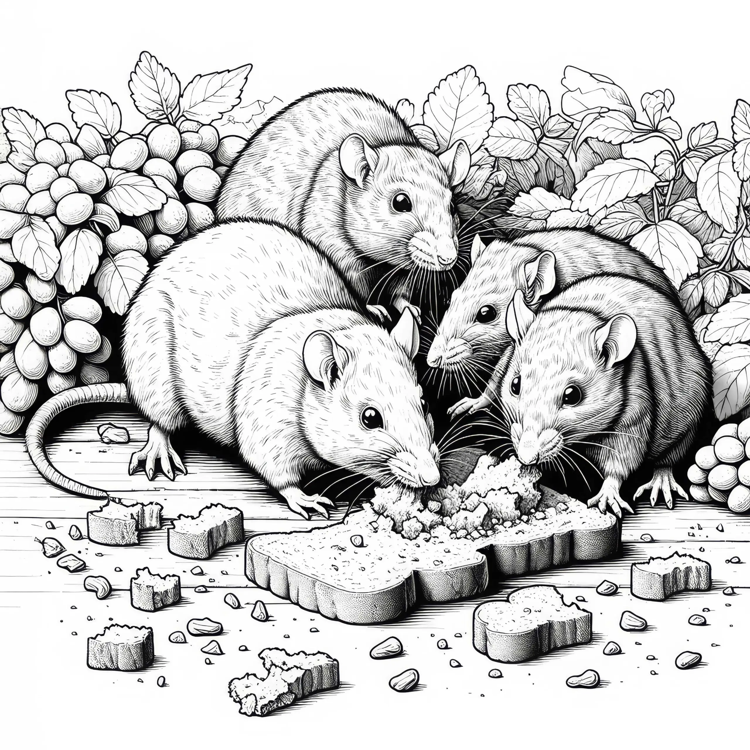 Gruppe von Ratten frisst Brot – Ausmalbild in detailreicher Ausführung
