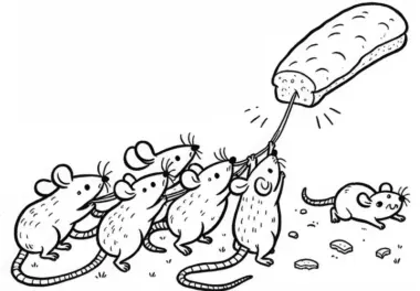 Gruppe Ratten zieht an Brot – Malvorlage einfach kostenlos