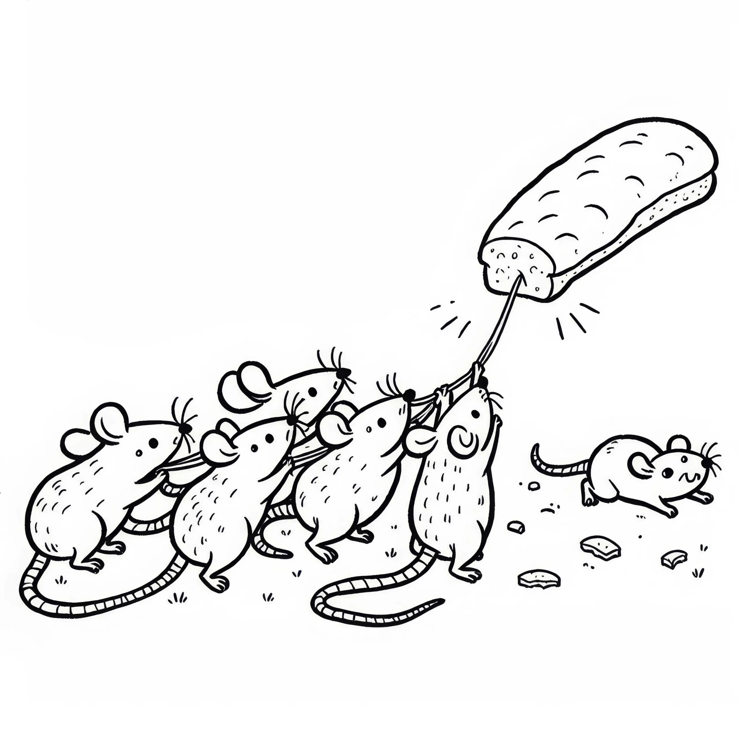 Gruppe Ratten zieht an Brot – Malvorlage einfach kostenlos (Ausmalbild)