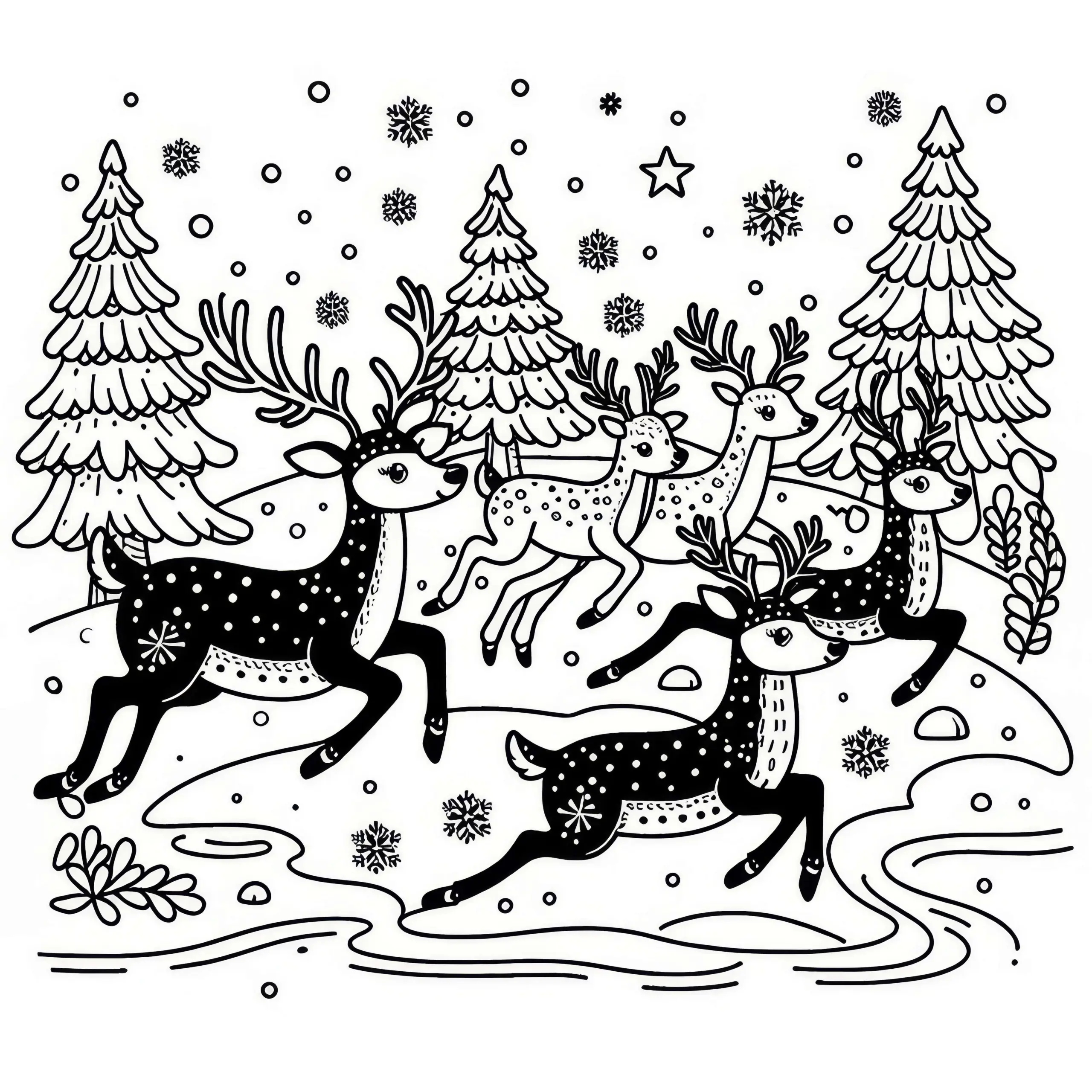 Eine Gruppe Rehe hüpft elegant durch Schnee: Kostenloses Ausmalbild