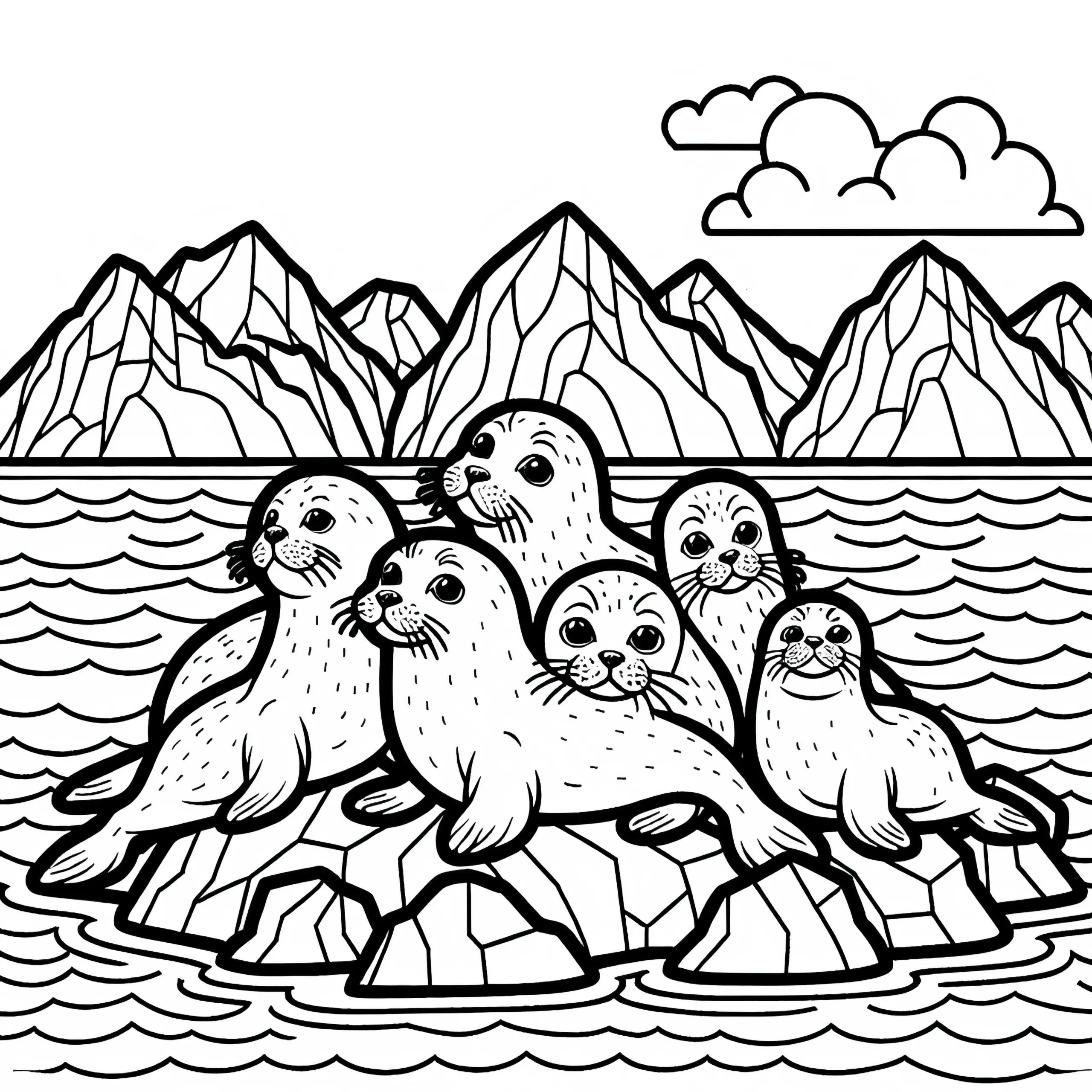 Gruppe von Robben liegt dicht an dicht auf Felsen im Meer – Ausmalbild gratis