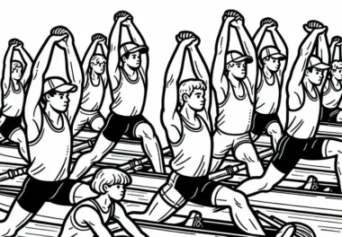 Gruppe von Ruderern dehnt sich vor dem Training – Ausmalbild kostenlos
