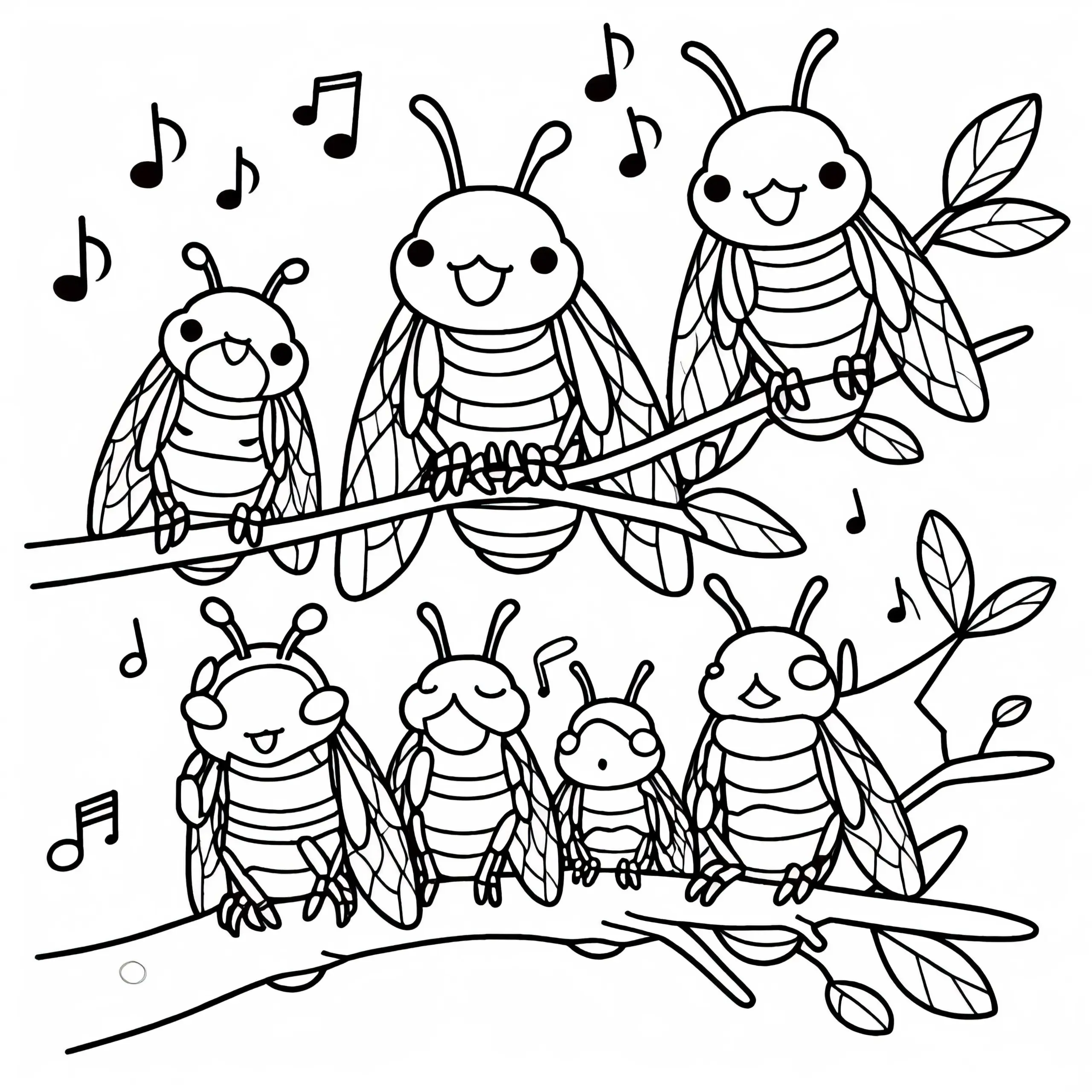 Gruppe Singzikaden sitzt auf Ästen und singt im Chor – Malvorlage kostenlos (Ausmalbild)