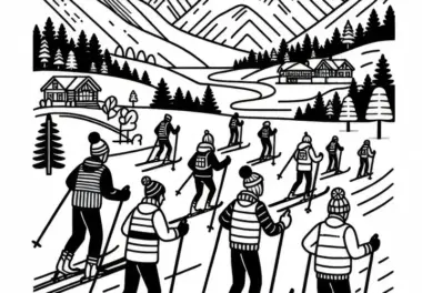 Gruppe Skilangläufer geniesst entspannte Tour durch die Berge – Malvorlage kostenlos