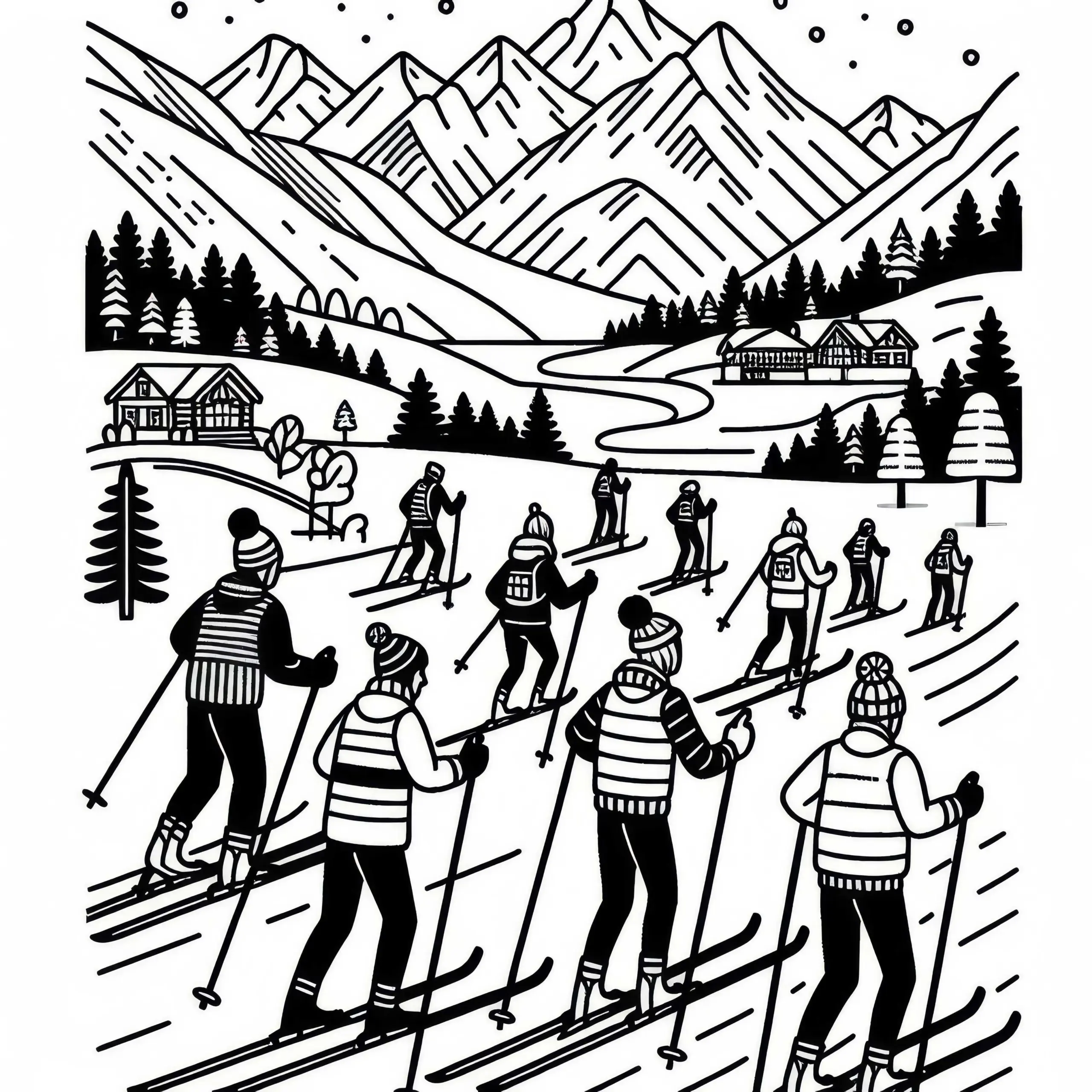 Gruppe Skilangläufer geniesst entspannte Tour durch die Berge – Malvorlage kostenlos (Ausmalbild)