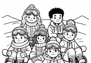 Gruppe von Snowboardern sitzt im Schnee und macht Pause – Malvorlage gratis