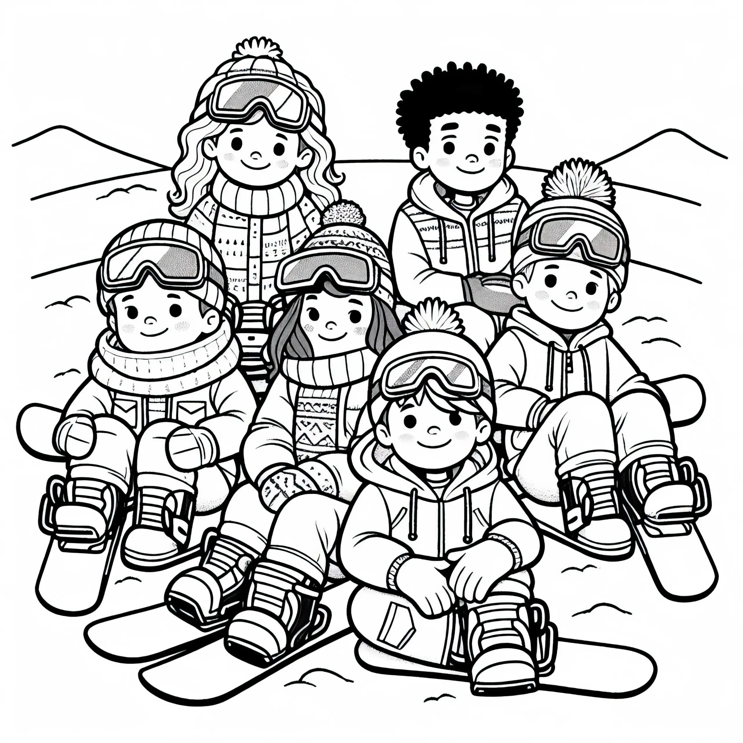 Gruppe von Snowboardern sitzt im Schnee und macht Pause – Malvorlage gratis (Ausmalbild)