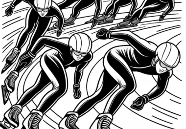 Gruppe von Speedskatern trainiert Kurvenlauf – Malvorlage kostenlos