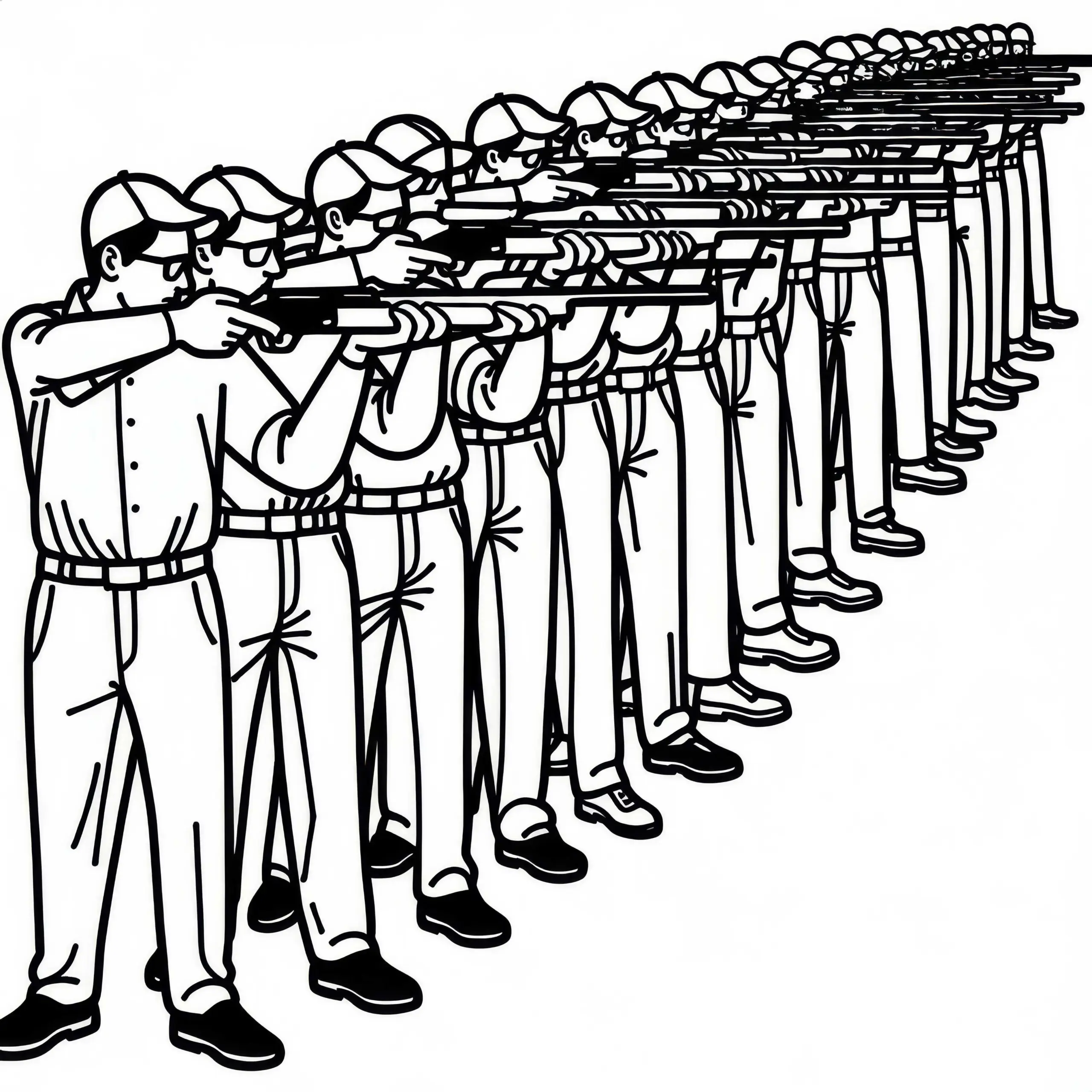 Gruppe von Sportschützen, die aufgereiht auf das Signal zum Schießen wartet – Malvorlage kostenlos (Ausmalbild)