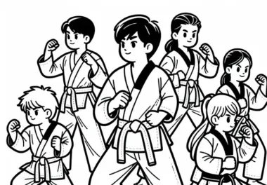 Gruppe von Taekwondo-Sportlern übt das Taekwondo – Ausmalbild kostenlos