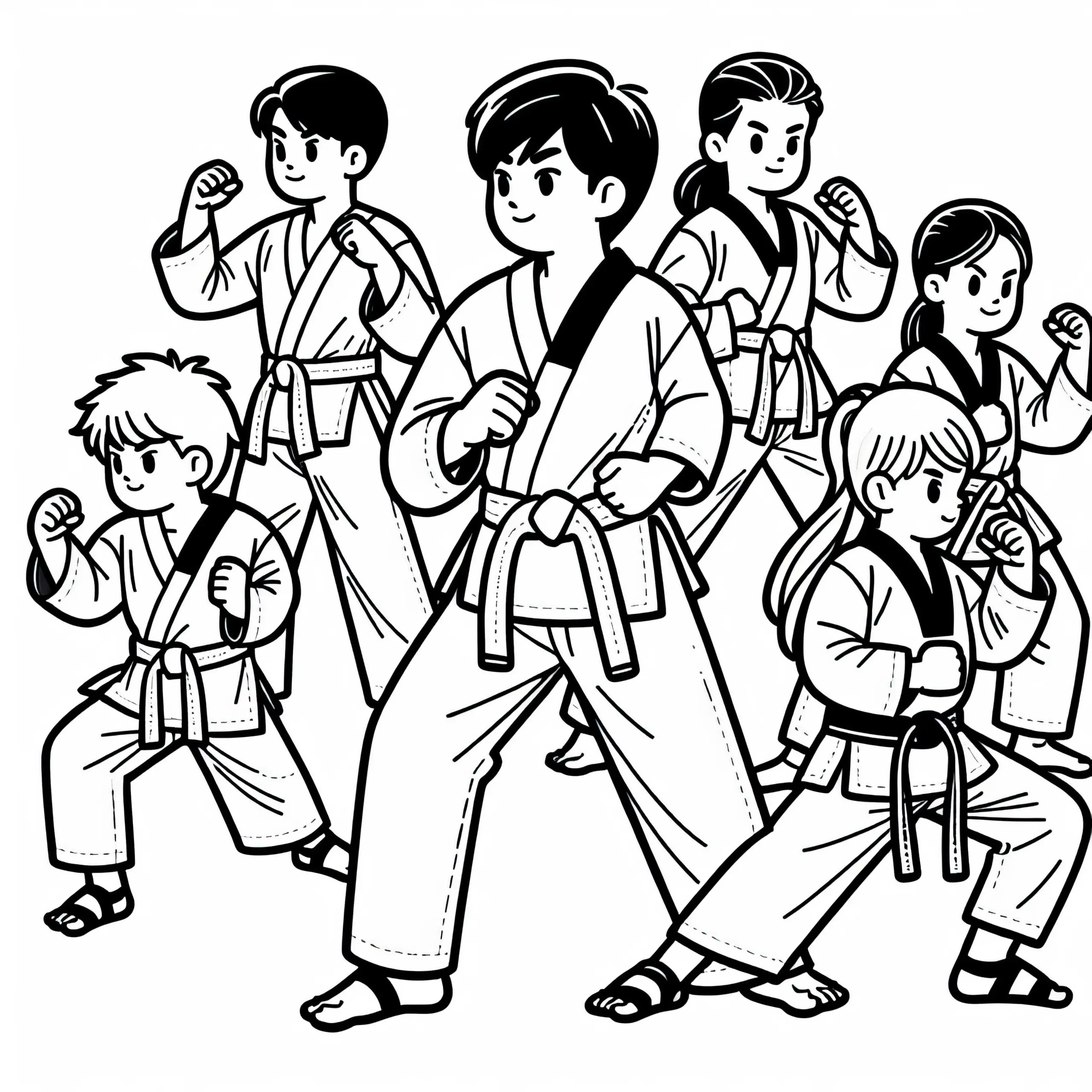 Gruppe von Taekwondo-Sportlern übt das Taekwondo – Ausmalbild kostenlos