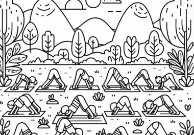 Gruppe übt gemeinsam Yoga im Freien – Malvorlage Kostenlos