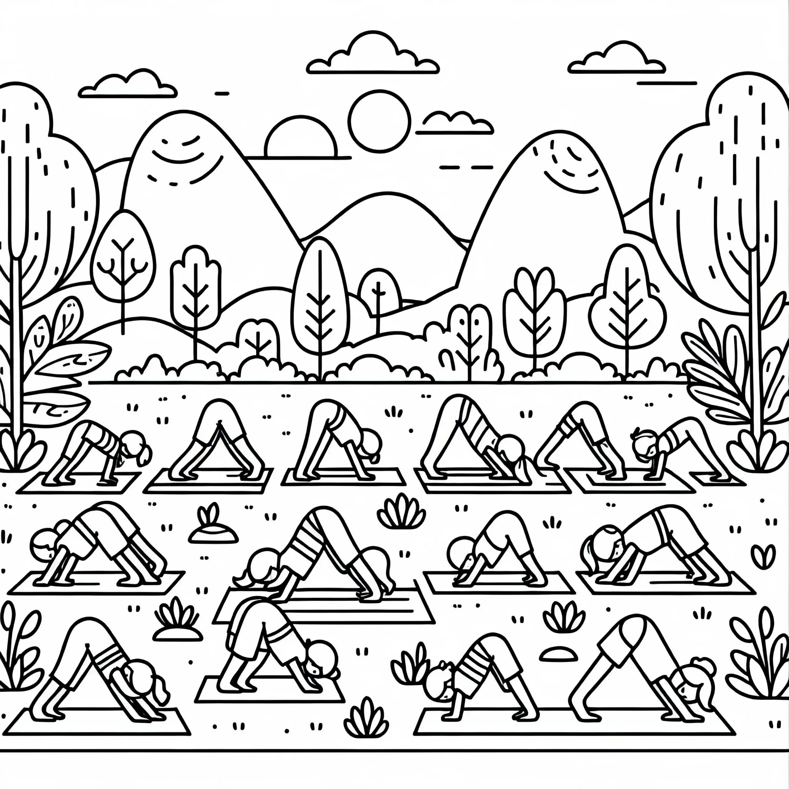 Gruppe übt gemeinsam Yoga im Freien – Malvorlage Kostenlos (Ausmalbild)