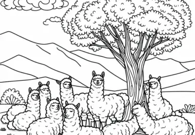 Gruppe von Alpakas unter einem Baum – Ausmalbild gratis