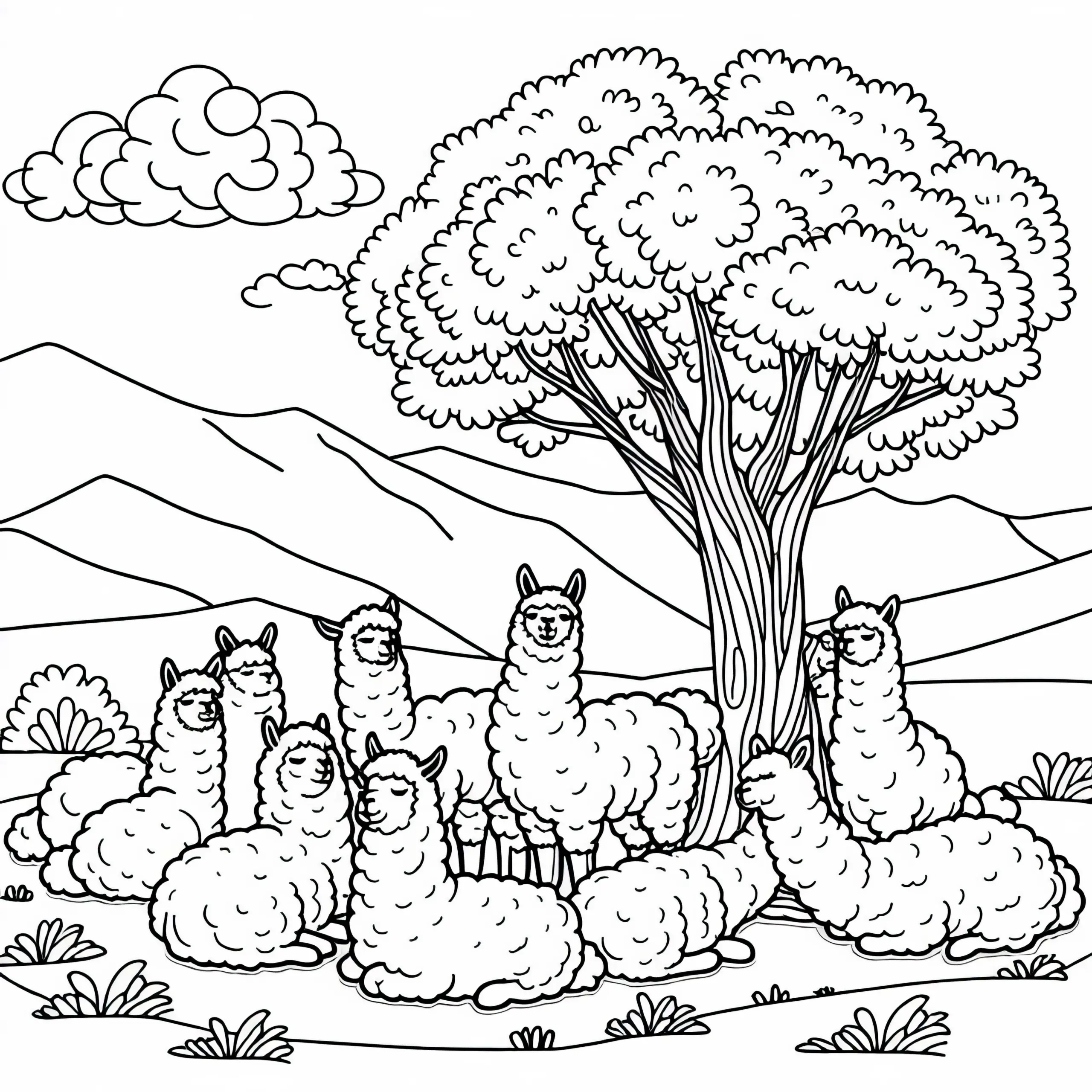 Gruppe von Alpakas unter einem Baum – Ausmalbild gratis