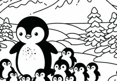 Gruppe von Pinguinen watschelt durch Schneelandschaft – Malvorlage gratis