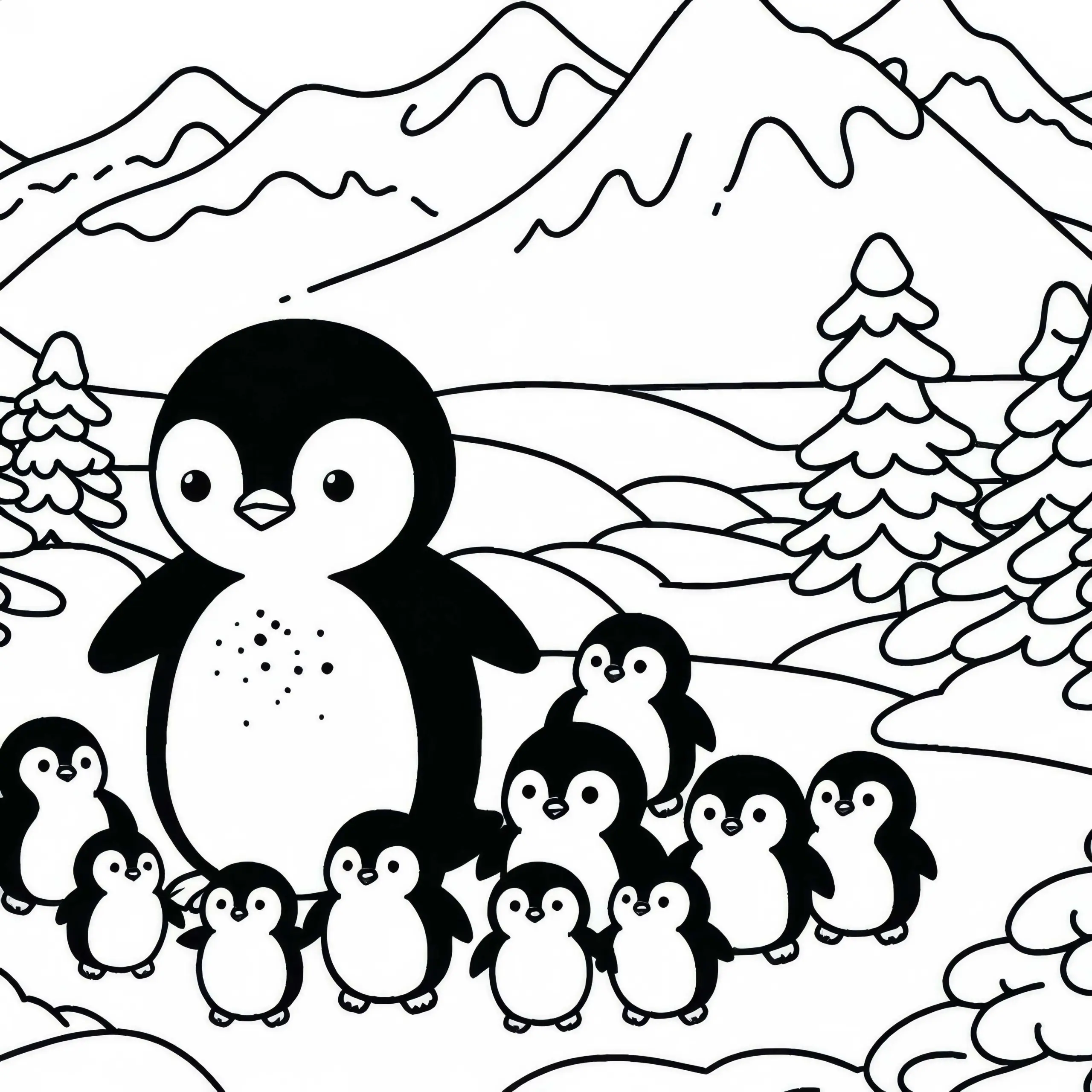 Gruppe von Pinguinen watschelt durch Schneelandschaft – Malvorlage gratis (Ausmalbild)