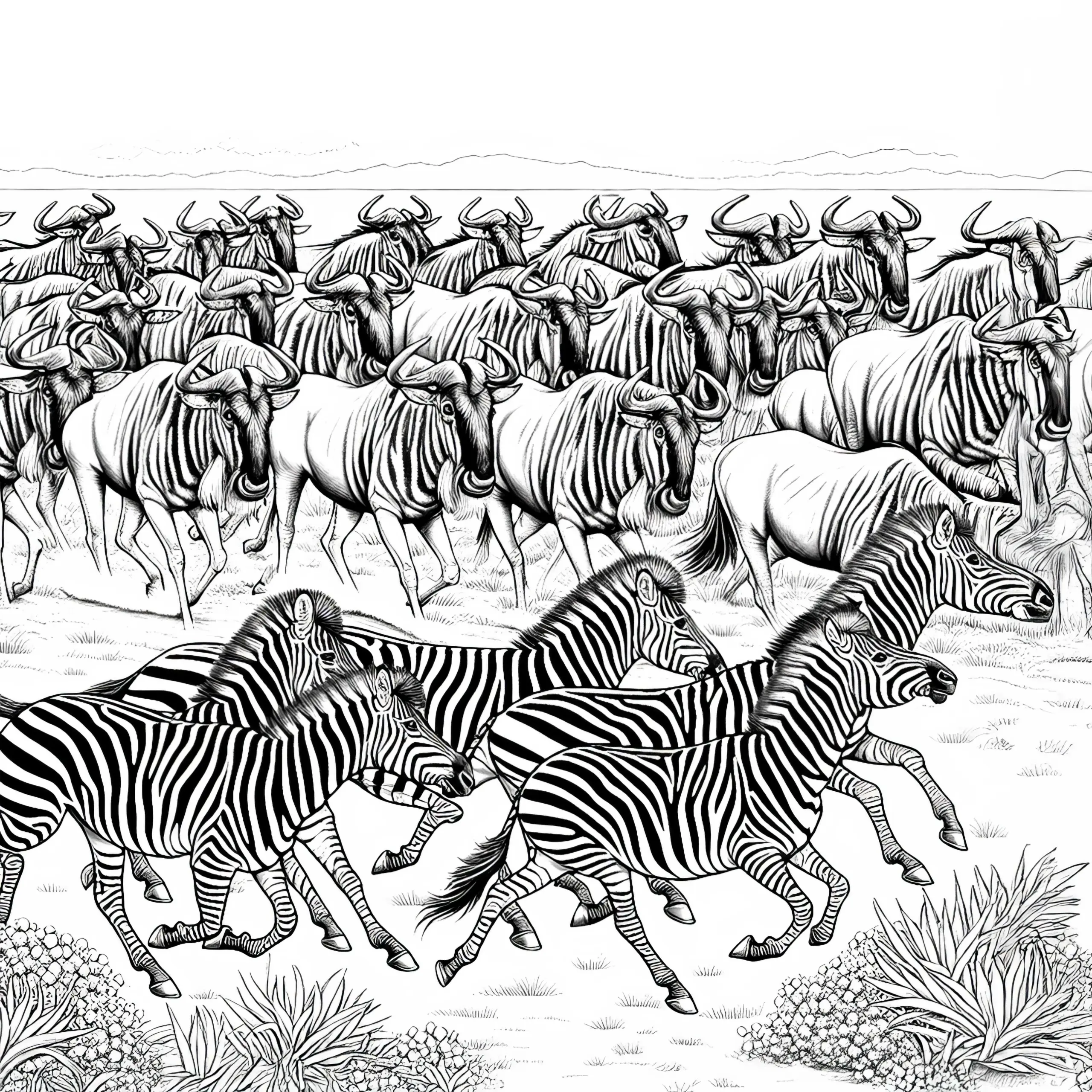 Gruppe Zebras mit Gnu Herde: Ausmalbild für Kinder (Kostenlos)