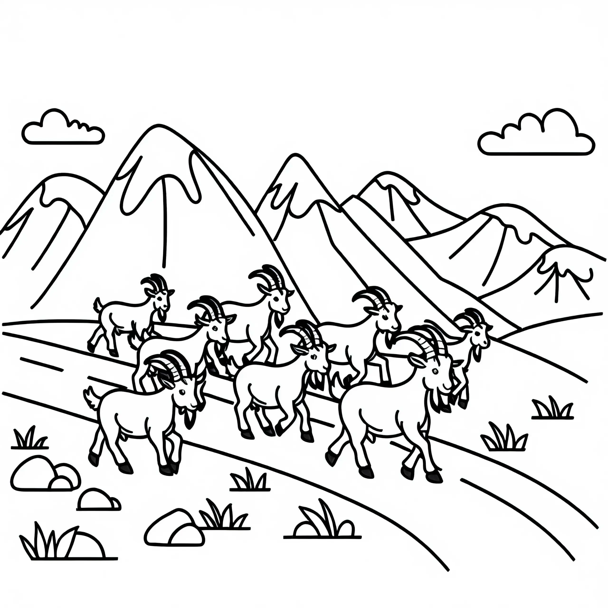 Eine Gruppe Ziegen läuft auf einer Bergstraße: Einfache Malvorlage (Kostenlos) (Ausmalbild)
