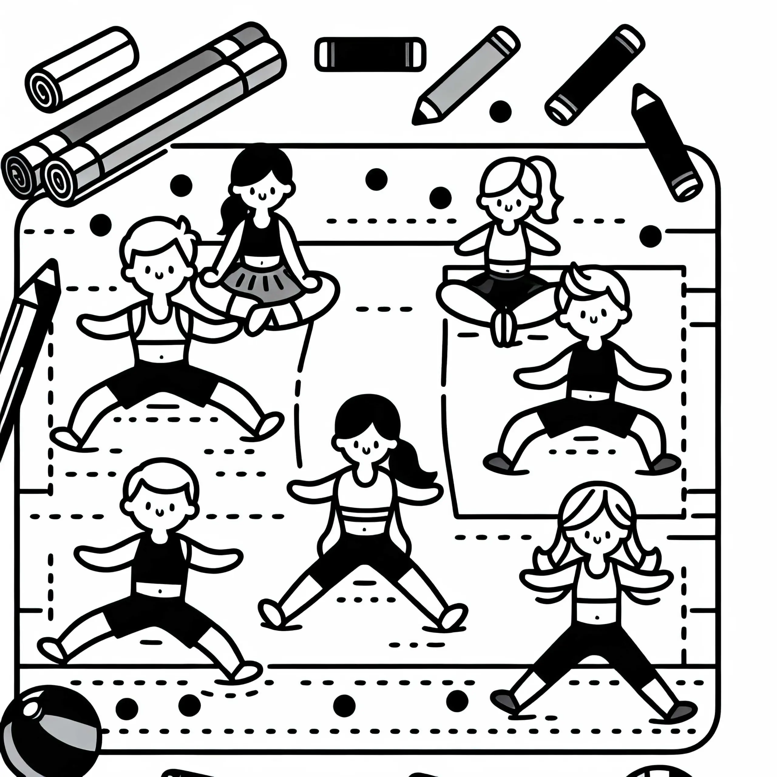 Gruppenworkout mit Fitnessmatten – Malvorlage einfach und gratis (Ausmalbild)