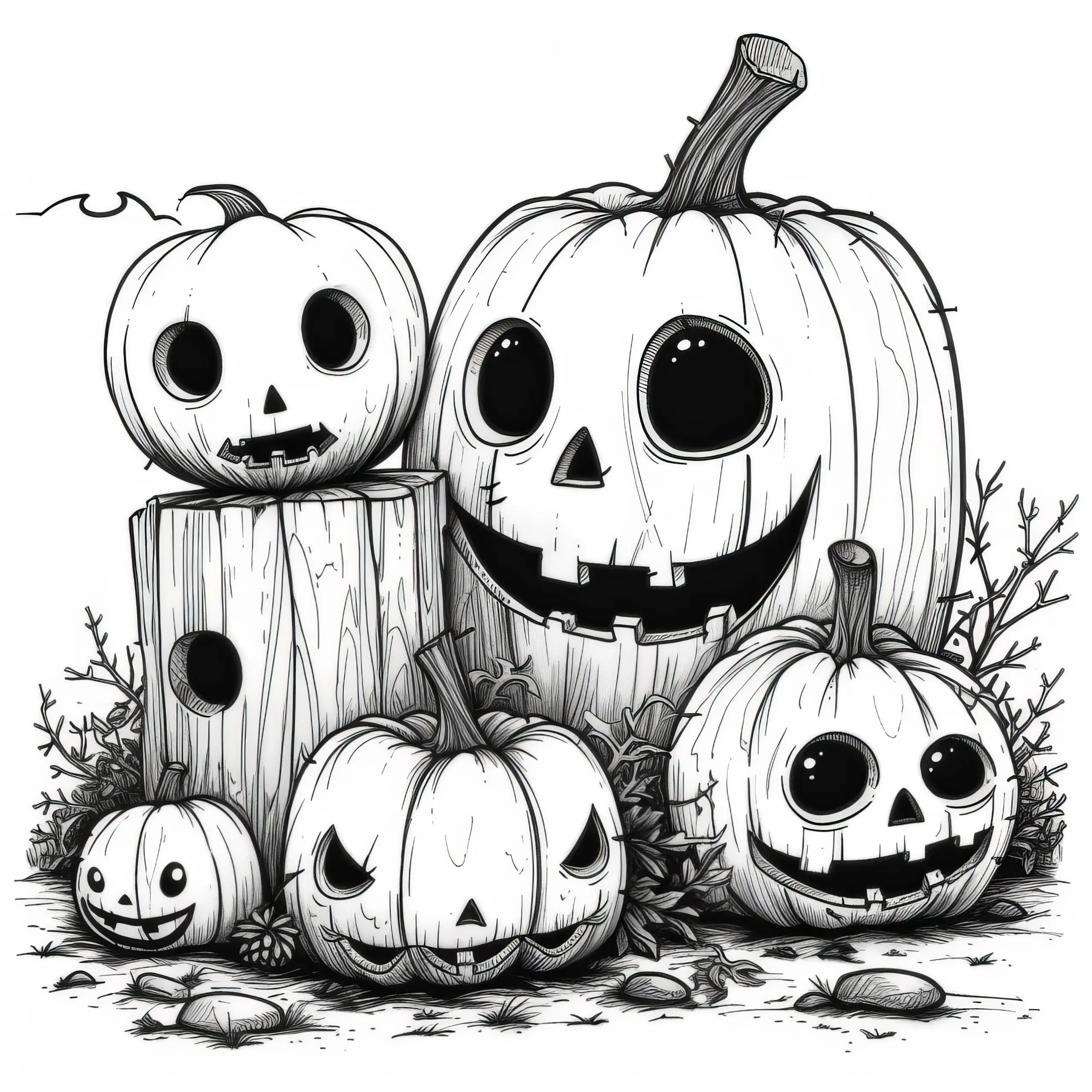 Gruselige Halloween Kürbisse auf Baumstamm: Malvorlage gratis zum Download (Ausmalbild)