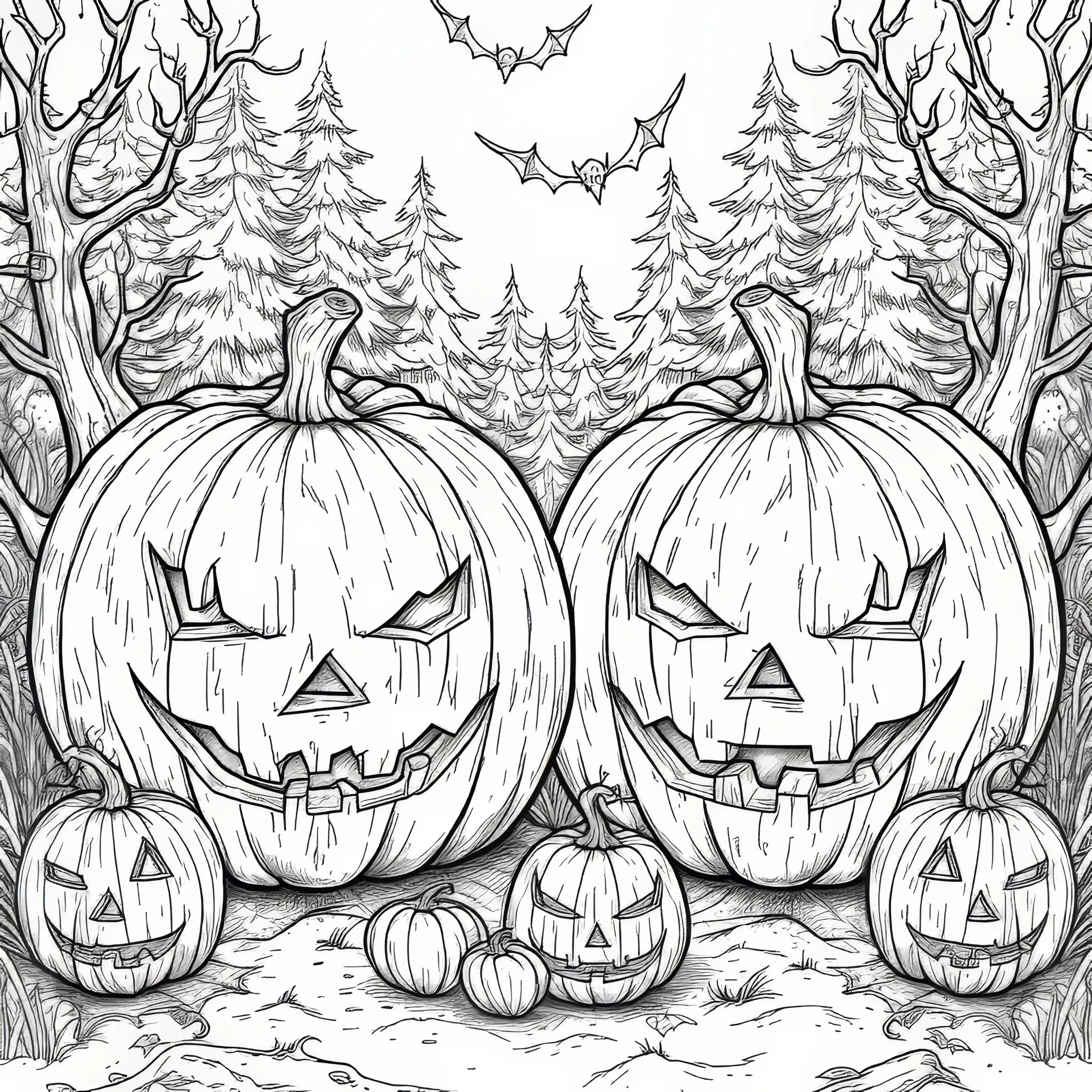 Gruselige Halloween Kürbisse im Wald: Kostenlose Malvorlage (Ausmalbild)