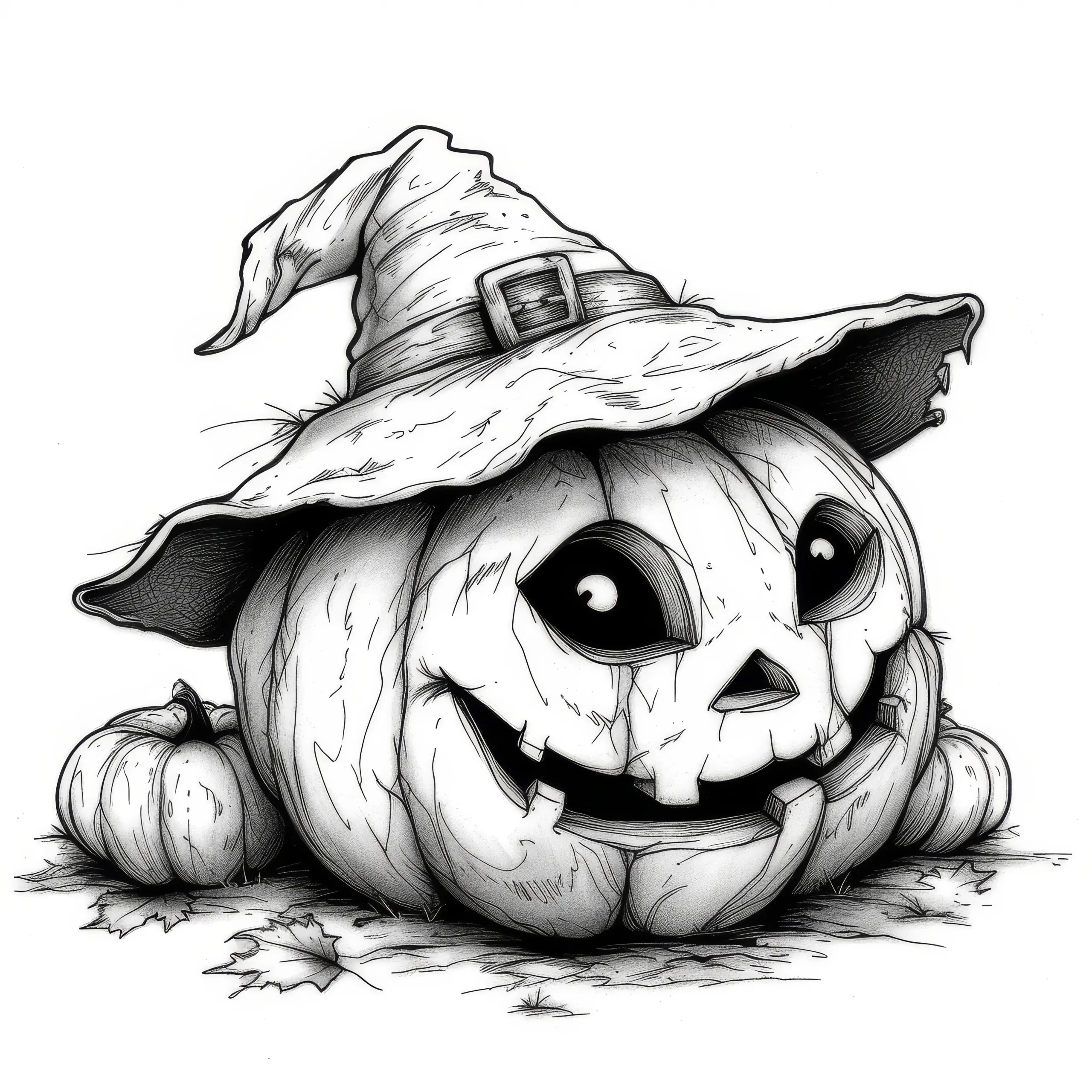 Gruseliger Halloween Kürbis mit Hexenhut: Kostenlose Malvorlage (Ausmalbild)