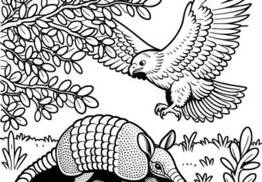 Gürteltier wird von Greifvogel angegriffen – Ausmalbild gratis